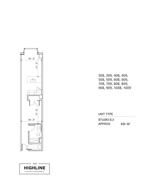 Floor plan for studio, 1 bath, 530 sqft